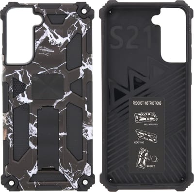 Hoesje Geschikt Voor Samsung Galaxy S21 Hoesje - Rugged Extreme Backcover Marmer Camouflage met Kickstand - Zwart