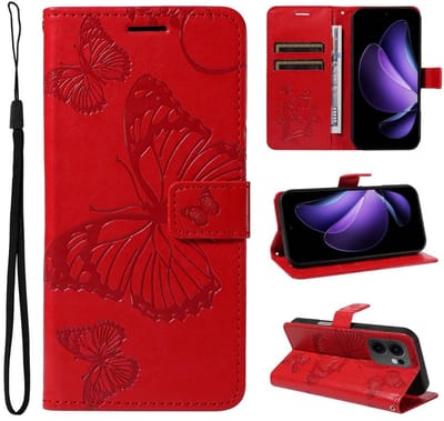 Coverup Hoesje - Geschikt voor OPPO Reno13 F / FS 5G Hoesje - Coverup Vlinders Book Case - Rood