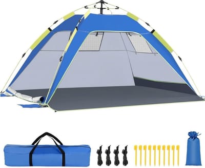 Strandtent uv Bescherming - Strandtent Baby Pop Up – Strandtentje Extra Licht – Strandschelp Voor 3-4 Personen – Strand Tent – Zonbescherming – Pop Up Tent - Voor in de Tuin, Strand, Vissen Etc. - Blauw