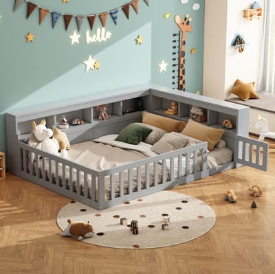 MEUNIQ Daybed 140x190 cm met lattenbodem, opbergvak, uitvalbeveiliging, stopcontact en USB, bedframe zonder matras voor kinderkamer of slaapkamer, grijs