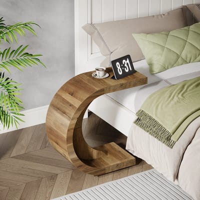 QUESTYR C‑Vormige Bijzettafel – Rustiek Bruin – Slimme Banktafel voor Woonkamer & Slaapkamer – Compact Metaal/Hout Ontwerp
