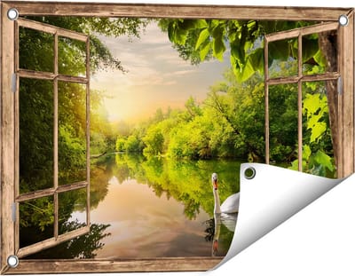 Gards Tuinposter Doorkijk Zwaan op het Water in het Bos - 60x40 cm - Tuindoek - Tuindecoratie - Wanddecoratie buiten - Tuinschilderij