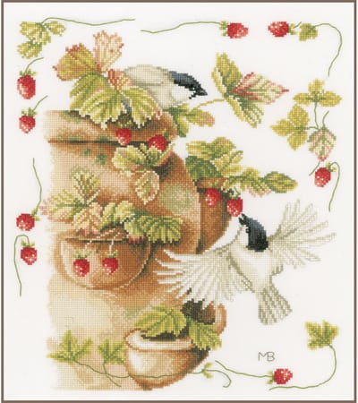 Lanarte Borduurpakket - Borduurset - Borduurpakket volwassenen - Telpakket kit - 30 x 33cm - Aardbeien en vogels - Marjolein Bastin - PN-0168599