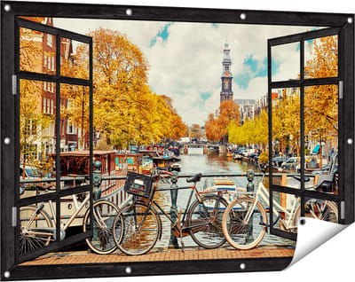 Gards Tuinposter Doorkijk Amsterdamse Brug bij een Brug met Fietsen - 120x80 cm - Tuindoek - Tuindecoratie - Wanddecoratie buiten - Tuinschilderij