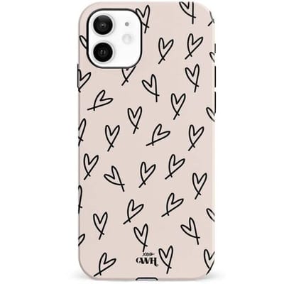 xoxo Wildhearts All Yours - Double Layer - Hoesje geschikt voor iPhone 12 case - Siliconen hoesje met hartjesprint - Hartjes - Hardcover - Beschermhoes - Optimale bescherming - Beige - Zwart