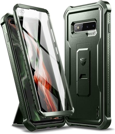 Zware Schokbestendige Hoes met Ingebouwde Screen Protector en Kickstand voor Samsung S10 Plus - Militaire Groen, Duurzame Bescherming en Stijlvolle Ontwerp