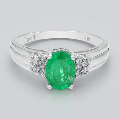 Cavill - Zilveren Ring - 925 Sterling Zilver Geplatineerd - 1,01 ct Ovale Bahia Smaragd + 0,172 ct Briljant Zirkonen - Elegant, Modern Design, Maat 17