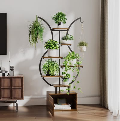 Creatieve Gebogen Plantenstandaard met Hanghaakjes en Opbergkast, Meervoudige Moderne Plantenplank voor Interieurdecoratie | Plantenrek Metaal & Hout