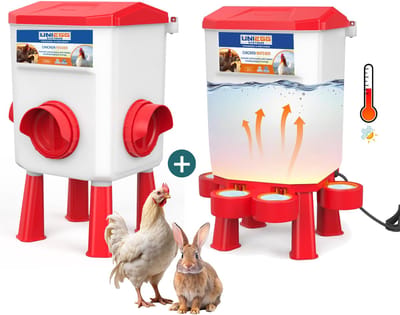 UniEgg® XL Feeder 12kg + Anti-vorst Drinker 11 Liter (Rood) - automatisch en innovatief , inclusief ophangset en poten - drinkbak kip en ander pluimvee of gevogelte