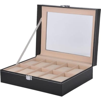 Flip Horlogedoos 10 Vakken Horlogedoos Display Case PU Leer Horloge Opbergdozen met Glazen Deksel Zwart beige