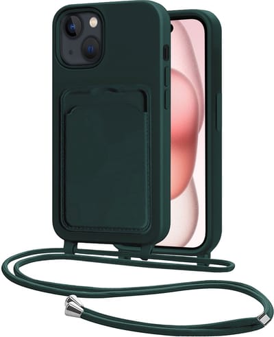 Hoes Geschikt voor iPhone 15 Plus Hoesje Pasjeshouder Cover Met Koord Case Siliconen Hoes Met Telefoonkoord en Kaarthouder - Donkergroen