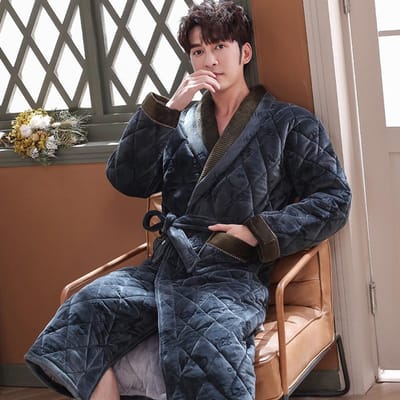 Dikke 3 Lagen Warme Winter Badjas Heren Zachte Flanel Gewatteerde Lange Kimono Badjas Mannelijke Kamerjas voor Heren Koraalfleece Badjas XL black