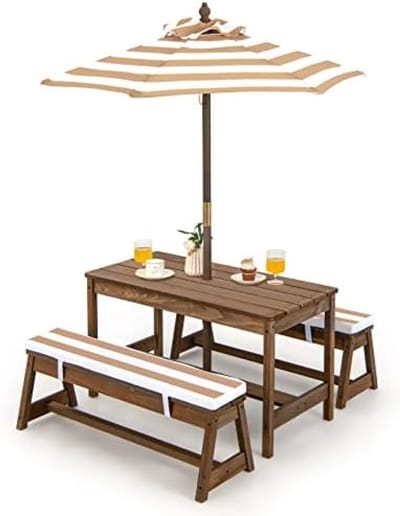 Kinderpicknicktafel met 2 Banken en Parasol - Houten Buitentafel voor Kinderen met Kussens - Tuinmeubelen voor Buiten - Lichtbruin