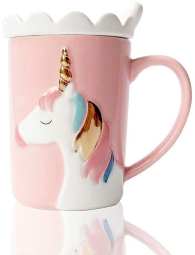Cute Ceramic Unicorn Mug with Lace Lid and Spoon - Funny Coffee Cup for Kids, Women, Girls - Pink