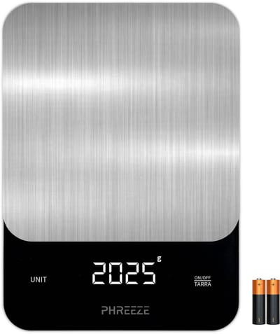 Phreeze Keukenweegschaal - Weegschaal Keuken Digitaal - 1 g tot 10 kg - Tarra Functie - Inclusief Batterijen - RVS/Zwart