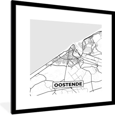 Fotolijst incl. Poster Zwart Wit- België – Oostende – Stadskaart – Kaart – Zwart Wit – Plattegrond - 40x40 cm - Posterlijst