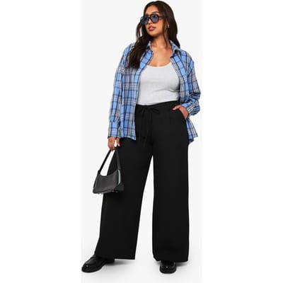 boohoo Dames Plus Geweven Broek met Elastische Rug, Strikceintuur en Wijde Pijpen | Black | Maat: 16