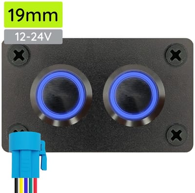 ProRide Metalen drukschakelaars in Tweevoudig inbouwpaneel 12-24V ON-OFF - 19mm - IP67 - LED indicatie Blauw
