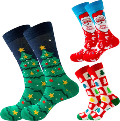 Kerstsokken Set - 3 paar - Kerstboom met glitter, Kerstman en Kerstbomen - Sokken Heren/Dames maat 40-45