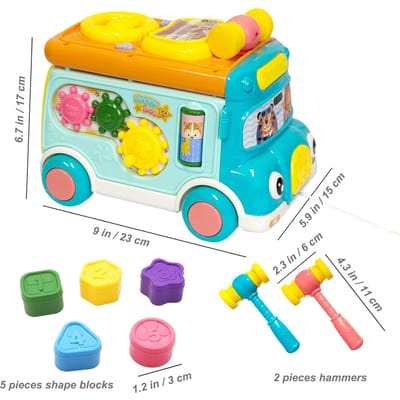 Bus Musical d'Activités Jouet Bébé avec Son et Lumière Trieur de Formes Jouets Tape-taupe Jeu Interactif Bus Scolaire Cartoon pour Enfants bleu