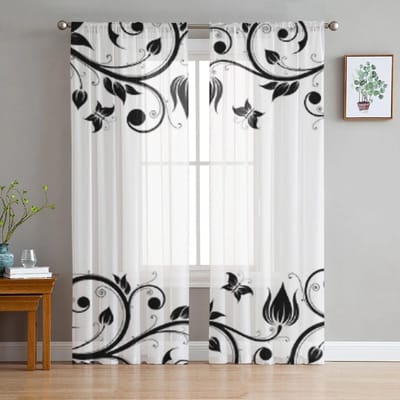 Bloemen Abstract Zwart-Wit Tule Gordijnen Voor Woonkamer Transparant Gordijn Slaapkamer Sluier Organza Decoratieve Raamdecoraties 135W x 183H(cm)