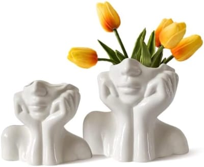 PromoHome Decoratieve Gezichtsvaas Set - 2 Stuks Witte Keramische Vazen voor Huisdecoratie
