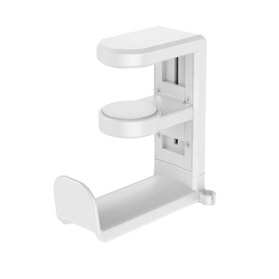 Hoofdtelefoonhouder met een 360° draaibare hoofdtelefoonaansluiting, geschikt voor hoofdtelefoons, bureauhouders en meer. Wit (51,5*102*115 mm).