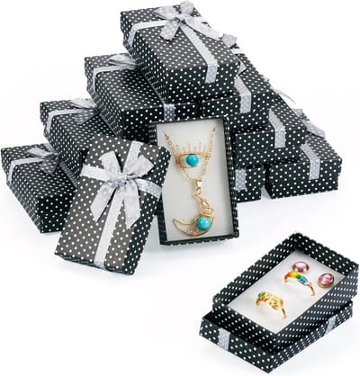 12 Stuks Zwarte Kartonnen Sieraden Geschenkdozen 8x5x2.5cm voor Kettingen, Ringen en Oorbellen met Strik en Polka Dot voor Vrouwen en Bruiloften
