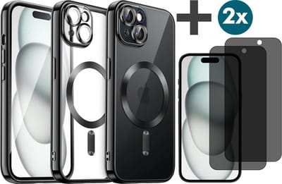 Hoesje met Privacy Screenprotectors 2 Stuks Geschikt voor iphone 15 Hoesje - Geschikt voor MagSafe - Arara siliconen Backcover - Zwart