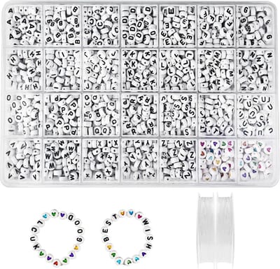 1400 stuks kralen voor armbanden, 7 x 4 mm, A-Z, witte letterkralen, alfabet en kleurrijke hartkralen met 2 elastische draden, voor het maken van sieraden, armbanden, halskettingen, kinderen,