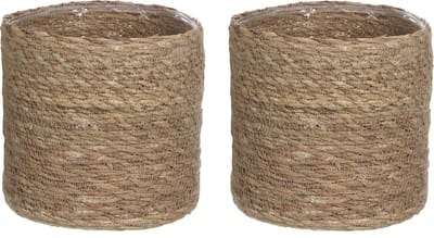 Mica Decorations Plantenpot - 2x stuks - rotan - bruin - plantenmand - 18 x 18 cm - Met plastic binnenkant