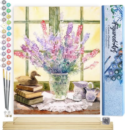 Figured'Art Schilderen op Nummer Volwassenen canvas Lupine boeket - Handwerk acrylverf Kit DIY Compleet - 40x50cm met DIY houten lijst
