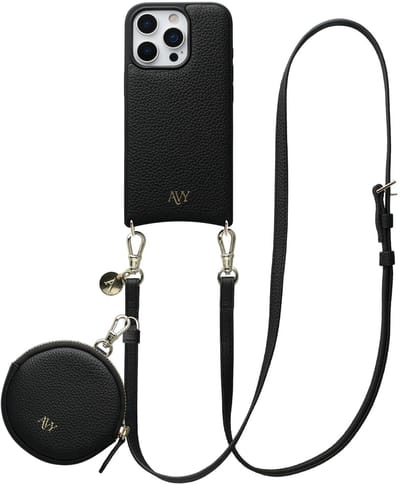 AVY Leren Hoesje geschikt voor Apple iPhone 16 Pro Max | Met Koord en Mini Telefoontasje | Compatibel met MagSafe | Leather Case met 130CM Koord & Pouch | Long Leather | Zwart