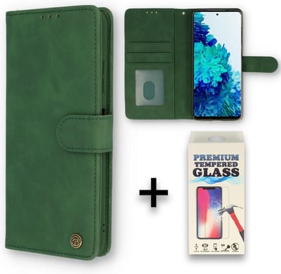 Casemania Hoesje Geschikt voor Samsung Galaxy S21 FE Olive Green & Glazen Screenprotector - Luxe Portemonnee Book Case - Kaarthouder & Magneetlipje