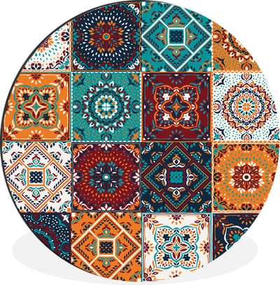 WallCircle - Wandcirkel - Muurcirkel - Retro - Bladeren - Design - Oranje - Bruin - Aluminium - Dibond - 30x30 cm - Binnen en Buiten