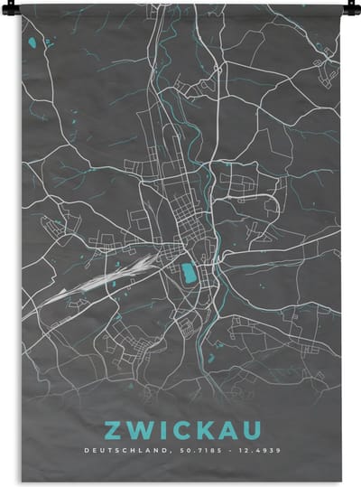 Wandkleed - Wanddoek - Duitsland – Blauw – Zwickau – Stadskaart – Kaart – Plattegrond - 120x180 cm - Wandtapijt