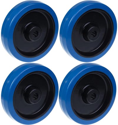 Wielen van 200 mm (8 inch) met blauw rubber en een nylon hart, zeer stevig, draagvermogen 1600 kg, set van 4
