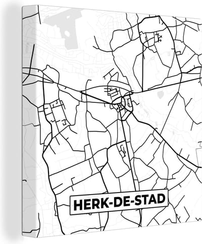 Canvas Schilderij Zwart Wit – België – Plattegrond – Stadskaart – Kaart – Herk de Stad - 20x20 cm - Wanddecoratie