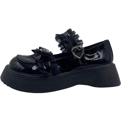 Lucyever Chaussures Lolita Noeud en Dentelle Douce Femmes Boucle Cœur Cuir Verni Mary Janes Femme Bout Rond Plateformes Chaussures Plates 40 noir