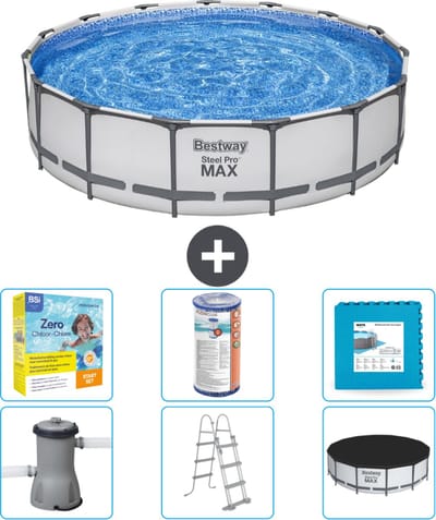 Bestway Rond Steel Pro MAX Zwembad - 457 x 107 cm - Grijs - Inclusief Pomp - Ladder - Afdekzeil Onderhoudspakket - Filter - Vloertegels
