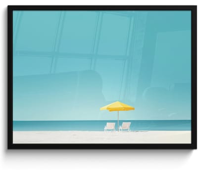 Poster in lijst - Fotolijst 70x50 cm - Posters - Strand - Blauwe lucht - Geel - Parasol - Posterlijst zwart - Decoratie - Wanddecoratie woonkamer - Muurdecoratie slaapkamer