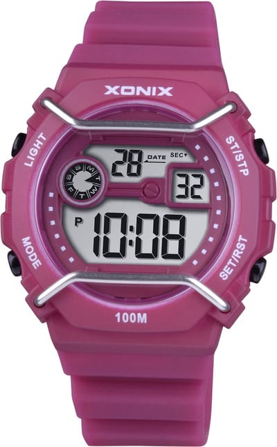 Xonix-dameshorloge-digitaal-model dbc-001-stopwatch-2 e tijdzone-12/24 uurs-alarm-licht-datum-100 meter waterdicht-paars-wijnrood