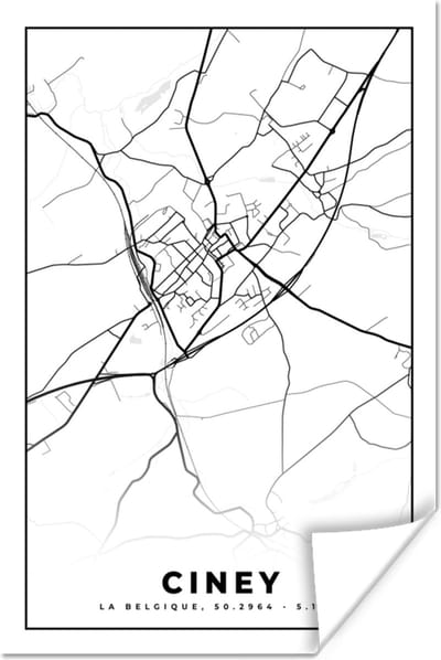 Poster Stadskaart – Plattegrond – België – Zwart Wit – Ciney – Kaart - 120x180 cm XXL