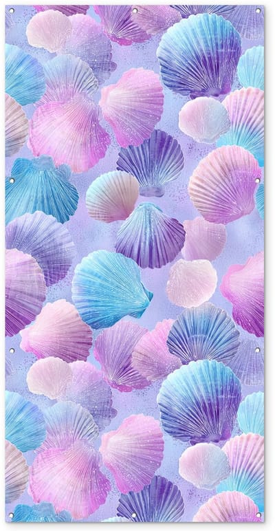 Tuinposter 100x200 cm - Tuindecoratie Schelpen - Paars - Blauw - Patroon - Poster voor in de tuin - Buiten decoratie - Schutting tuinschilderij - Tuindoek muurdecoratie - Wanddecoratie balkondoek