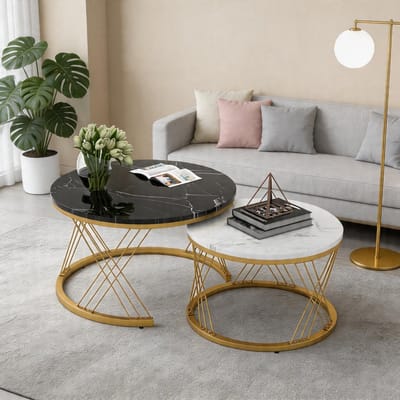 KOMHTOM - Moderne nestbare salontafel set - Marmerfineer - Set van 2 ronde bijzettafels - Gouden frame