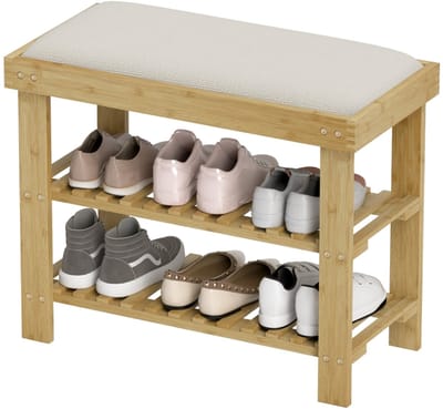 Schoenenbank 60 x 29 x 49 cm - Zitbank Met Opbergruimte - 2 Open Vakken - Bamboe - Crèmewit