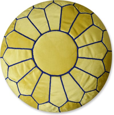 Velvet poef geel - Ronde poef - Fluwelen poef - Handgemaakt en uniek - Gevuld geleverd - Ideaal voor je woon-, slaap- of kinderkamer - geel met blauw stiksel