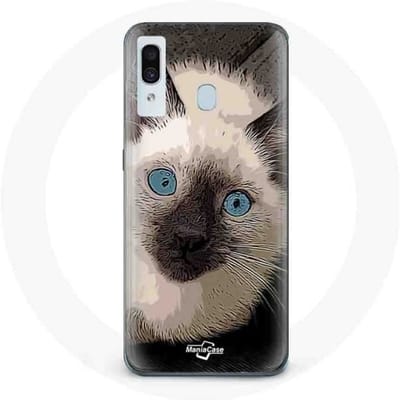 Coque pour Samsung Galaxy A20 Chat Siamois Noir et blanc aux Yeux Bleus