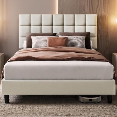 Luxe Gestoffeerd Tweepersoonsbed 140x200 cm met Verstelbaar Hoofdeinde, Stabiel Metalen Bedframe en Lattenbodem – Beige Design Bed voor Moderne Slaapkamers – Casa Dorada