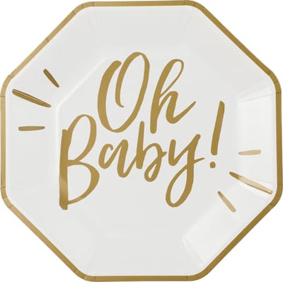 Oh Baby! - Wit Goud - 8 stuks, Wegwerp bordjes, Babyshower, Baby, Wegwerp bordje
